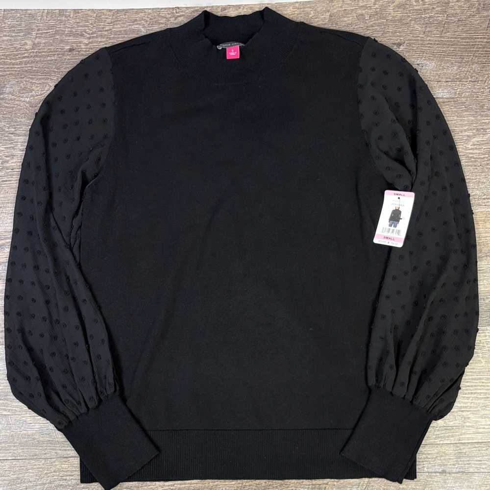 Vince Camuto Mock Neck Sweater with Swiss Dot Chiffon Sleeves – Black (Size S)